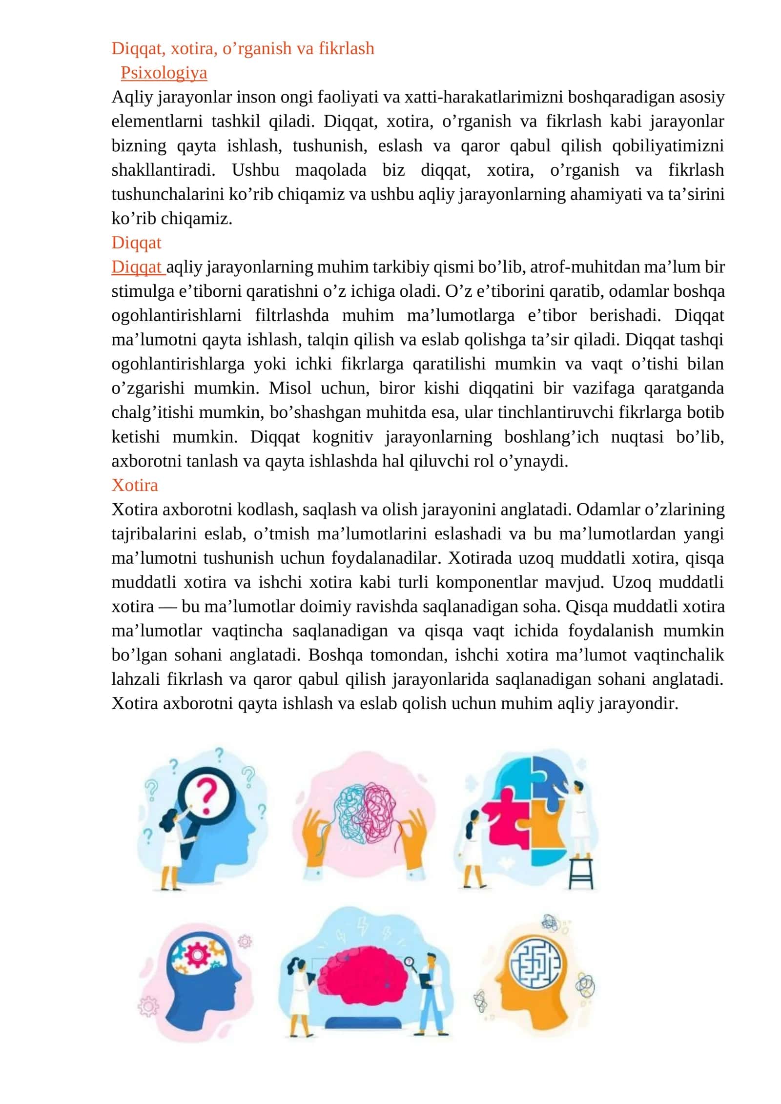 Diqqat, xotira, o'rganish va fikrlash 1