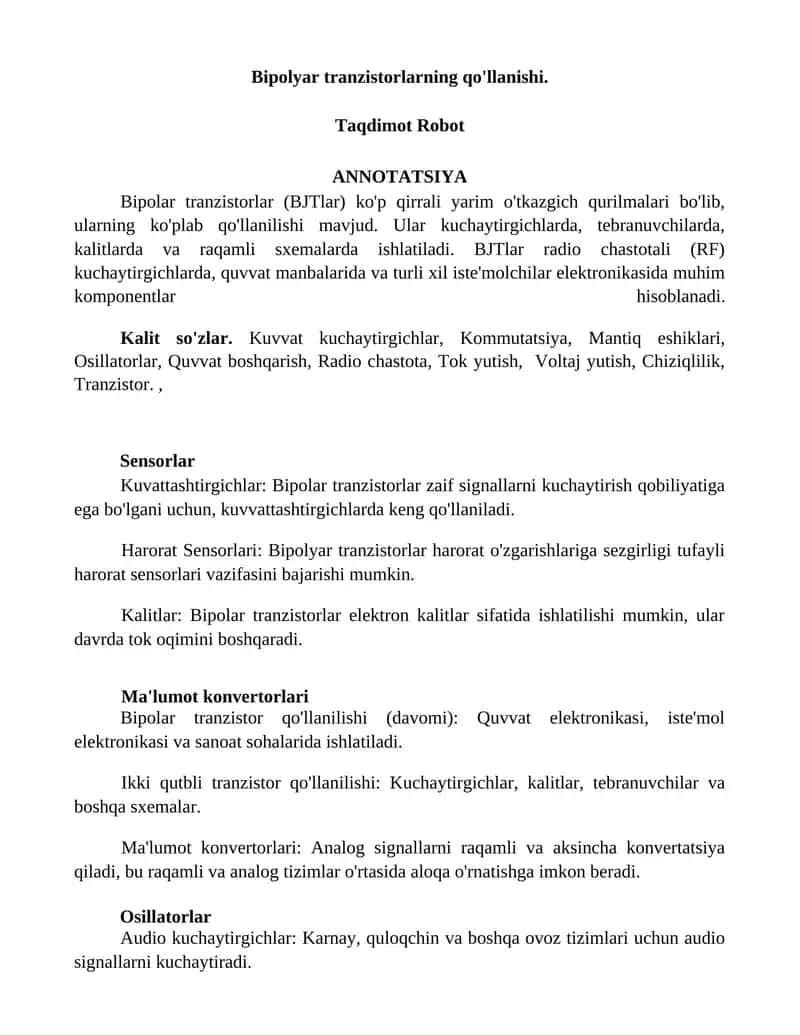 Bipolyar tranzistorlarning qo'llanishi 1