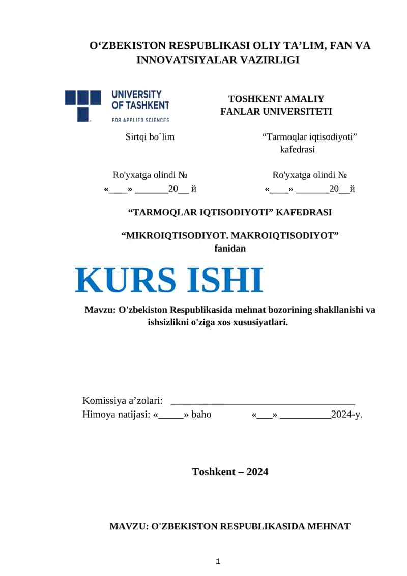 O'zbekiston Respublikasida Mehnat Bozorining Shakllanishi va Ishsizlikni O'ziga Xos Xususiyatlari 1
