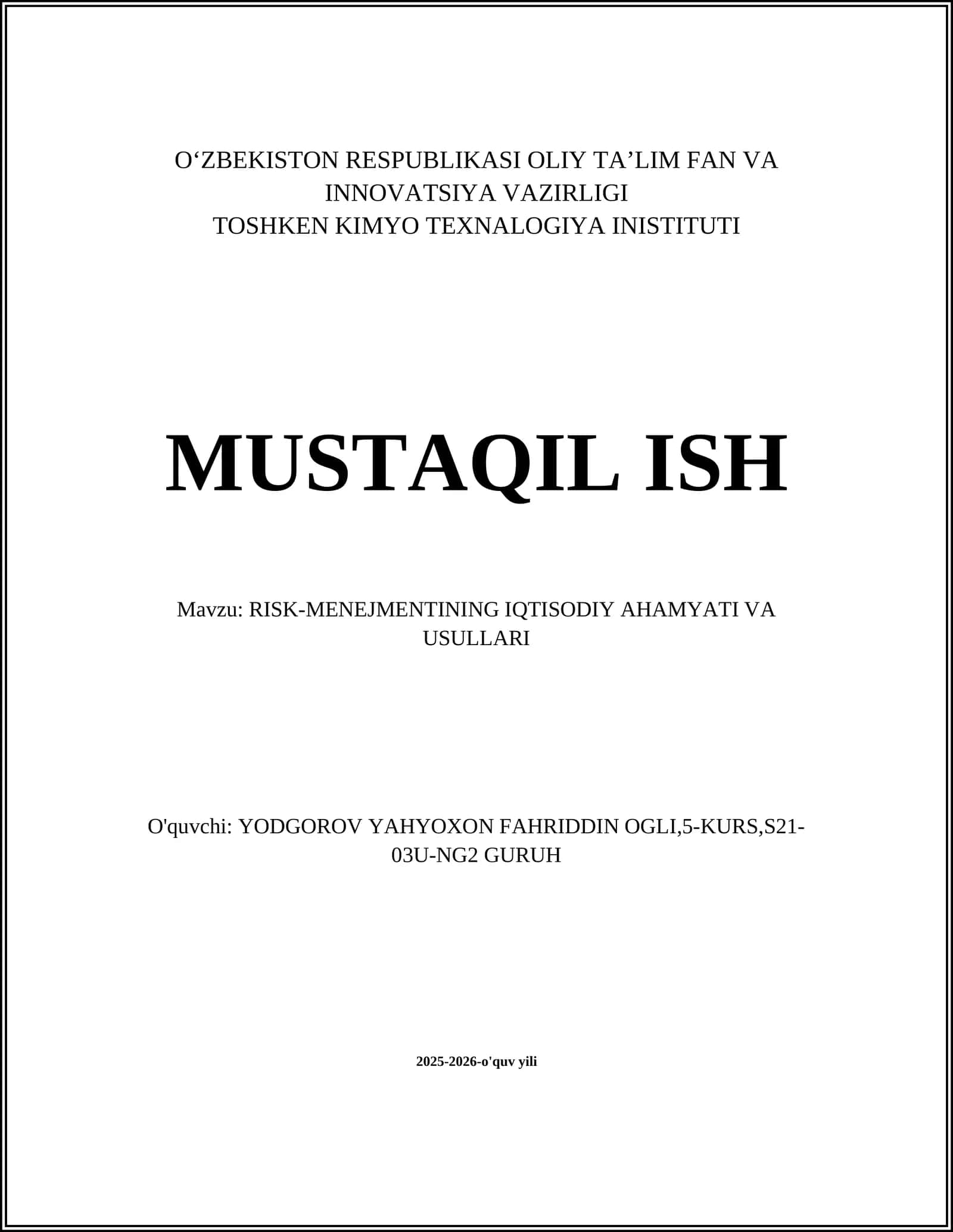 RISK-MENEJMENTINING IQTISODIY AHAMYATI VA USULLARI 1