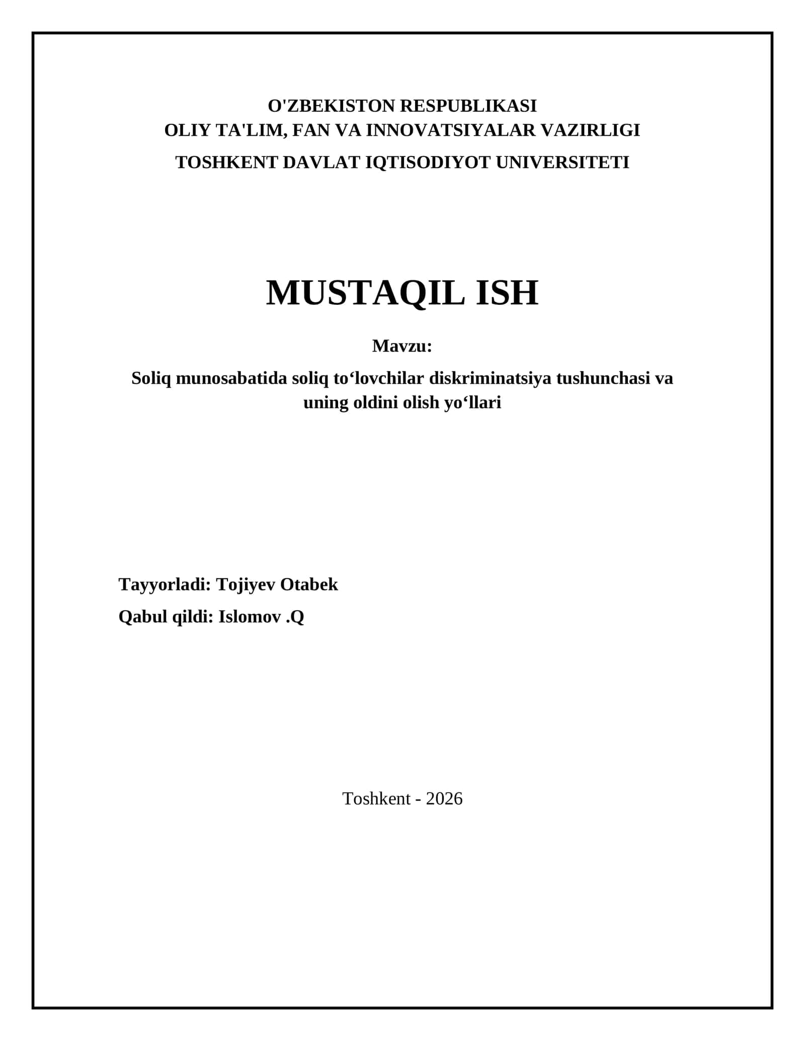 Soliq munosabatida soliq to‘lovchilar diskriminatsiya tushunchasi va uning oldini olish yo‘llari 1