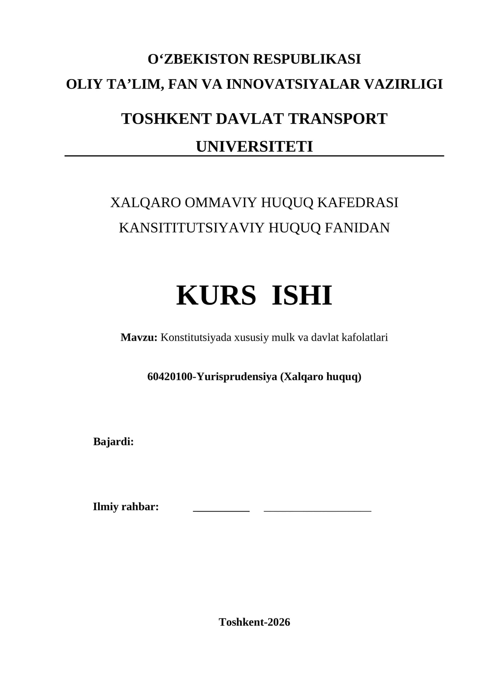 Konstitutsiyada xususiy mulk va davlat kafolatlari kurs ishi 1