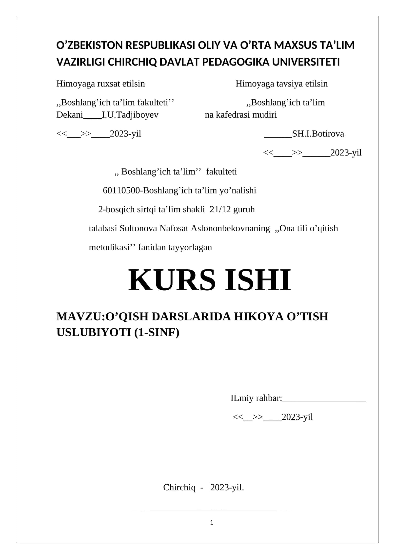 O’QISH DARSLARIDA HIKOYA O’TISH USLUBIYOTI (1-SINF) 1