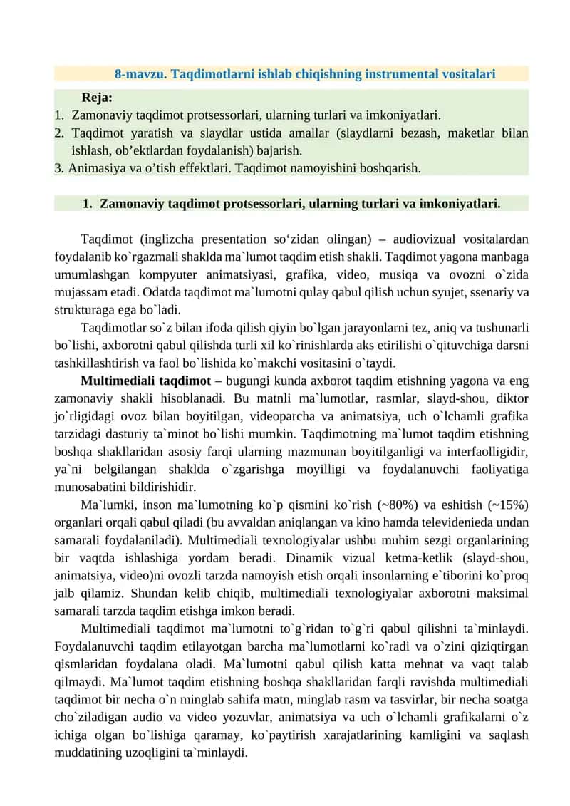 Taqdimotlar va ularning imkoniyatlari 1