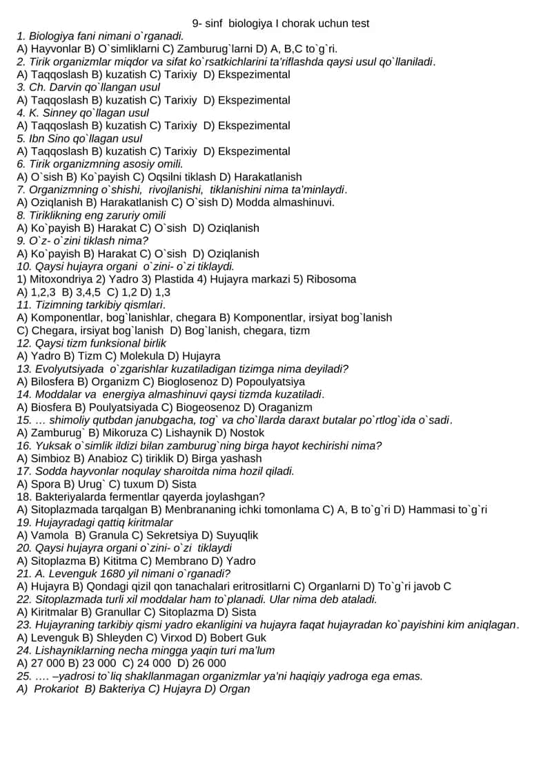 9- sinf biologiya I chorak uchun test 1