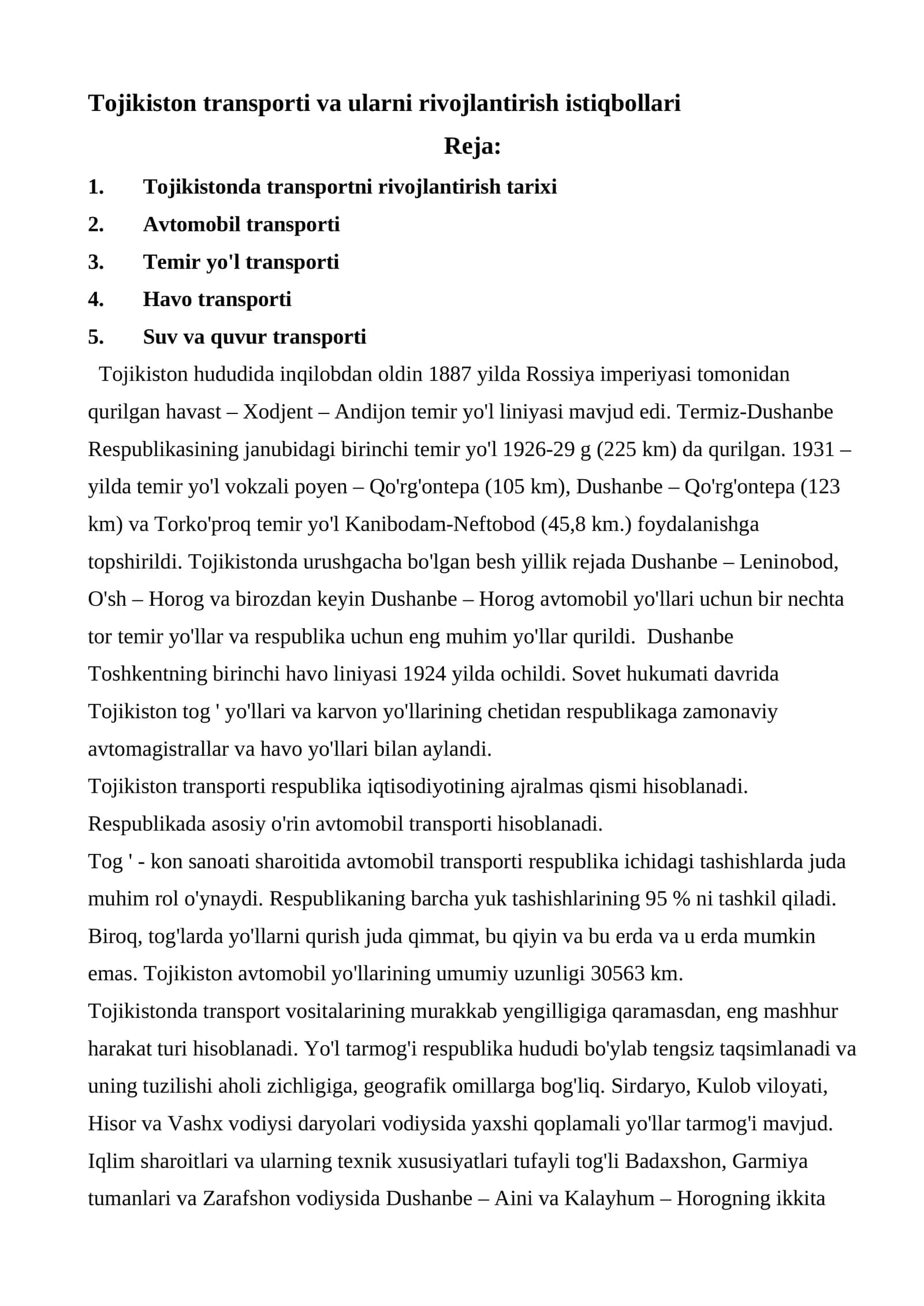 Tojikiston transporti va ularni rivojlantirish istiqbollari 1
