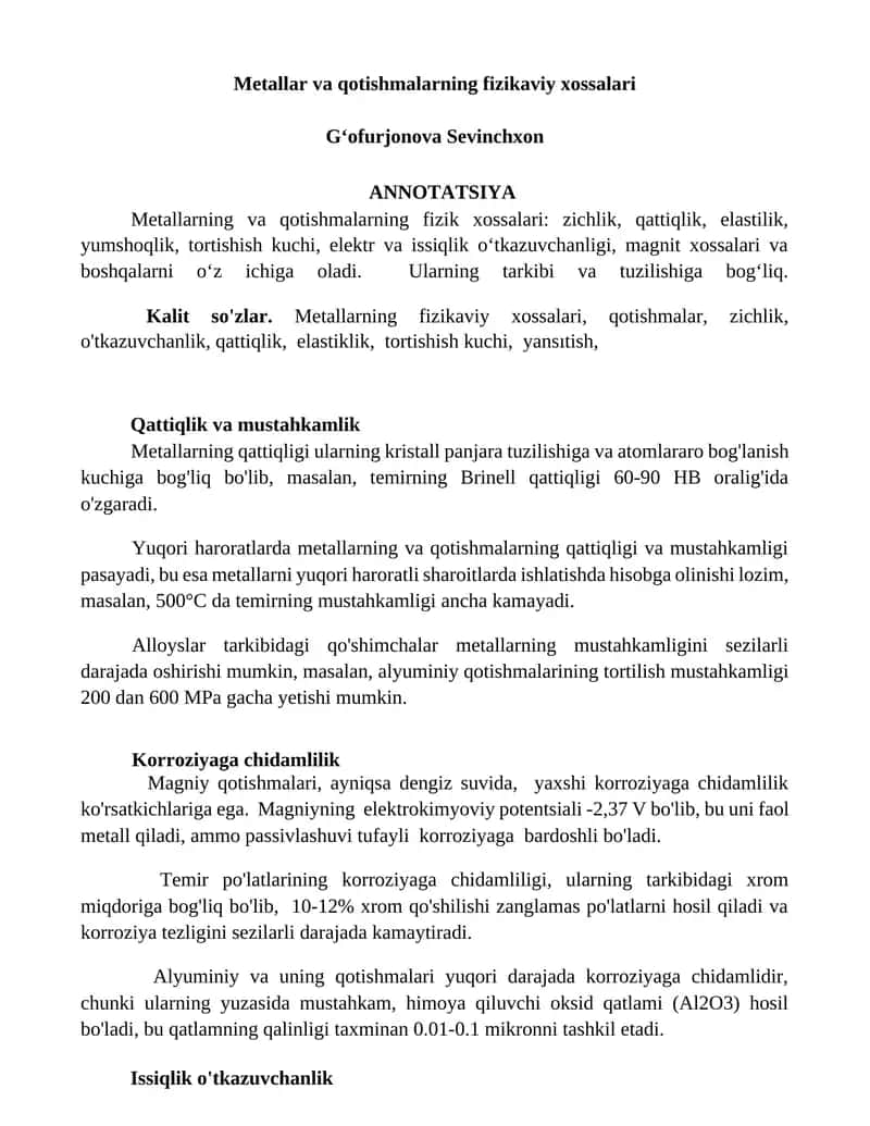 Metallar va qotishmalarning fizikaviy xossalari 1