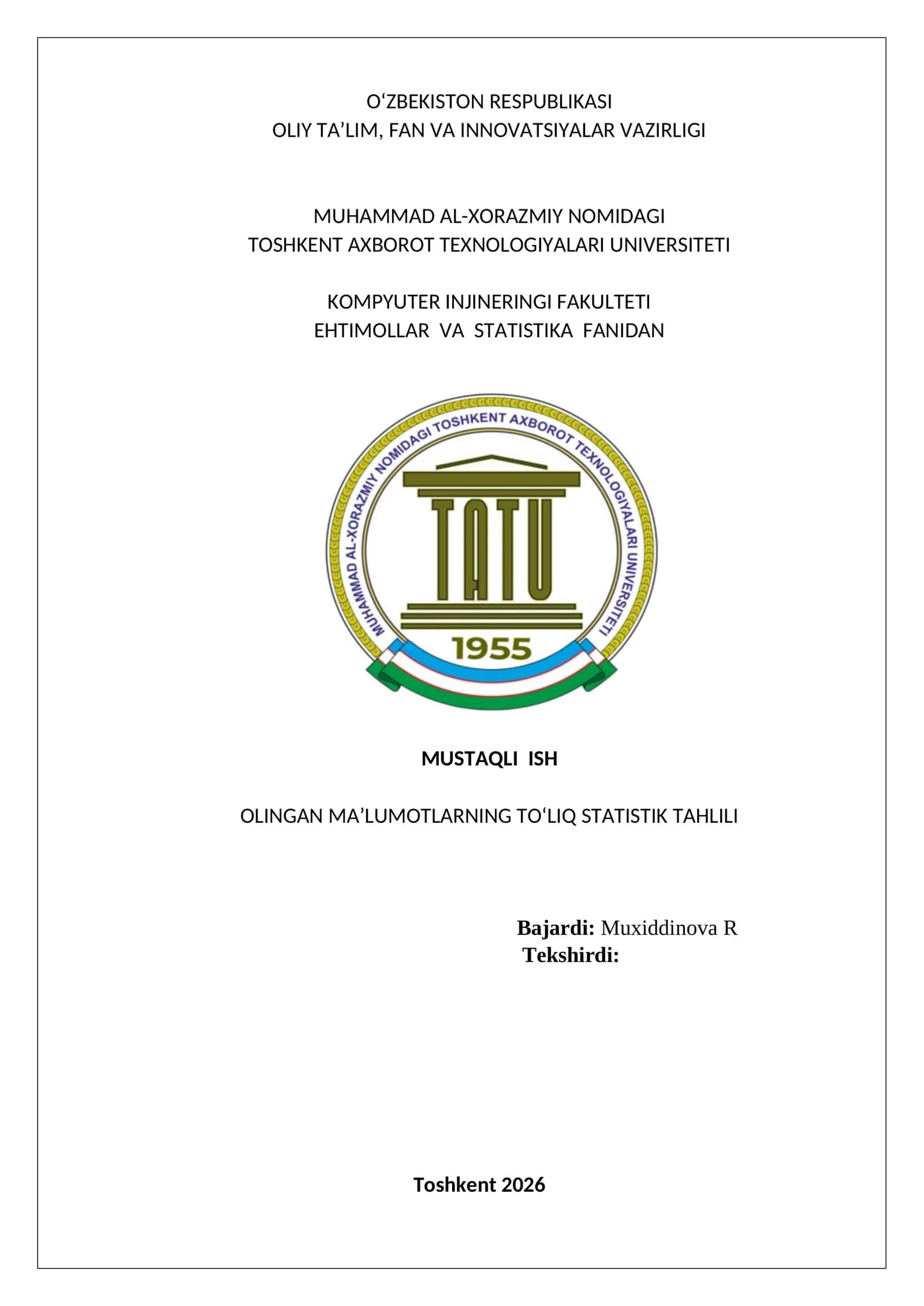 Olingan ma’lumotlarning to‘liq statistik tahlili. Ehtimollar nazariyasi va statistika: Telefon so'zlashuvlarining to'liq statistik tahlili (Excel + Analitik usul). 1