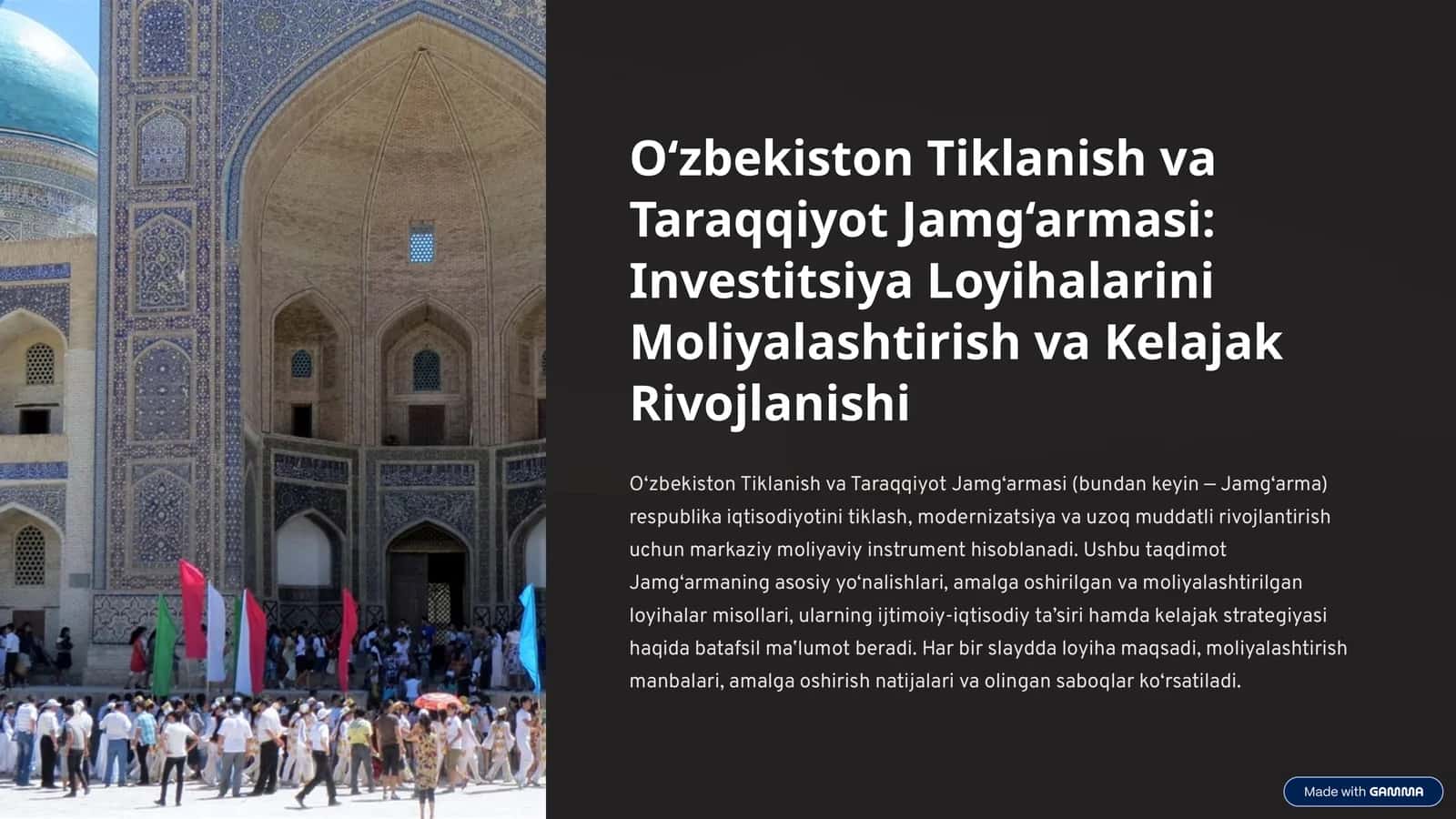 O‘zbekiston Tiklanish va Taraqqiyot Jamg‘armasi: Investitsiya Loyihalarini Moliyalashtirish va Kelajak Rivojlanishi 1