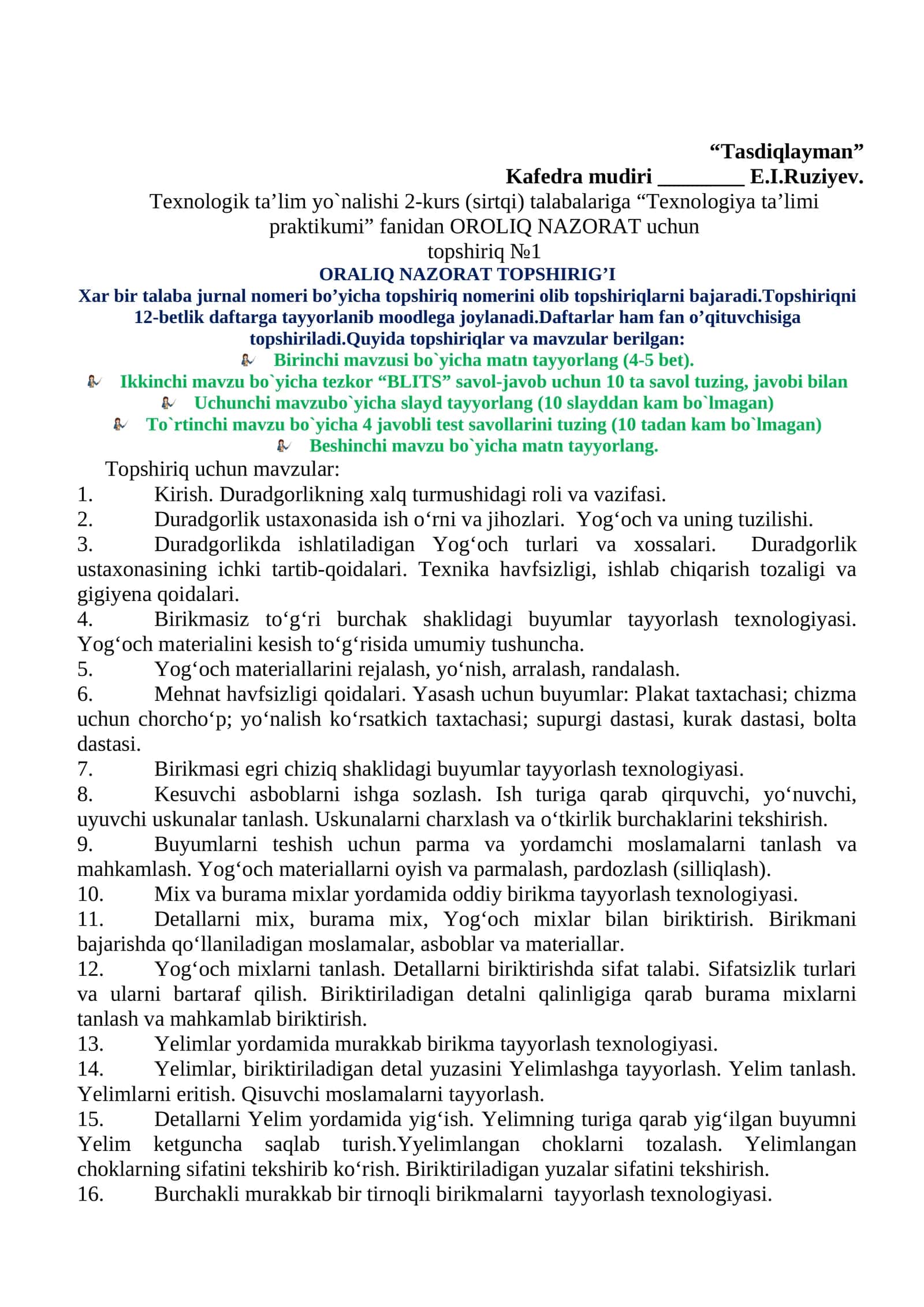 Texnologiya ta’limi praktikumi fanidan ORALIQ NAZORAT uchun topshiriq №1 1