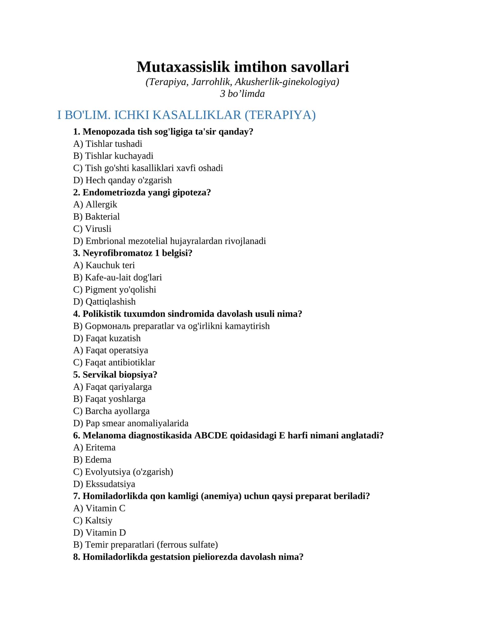 Mutaxassislik imtihon savollari (Terapiya, Jarrohlik, Akusherlik-ginekologiya) 1