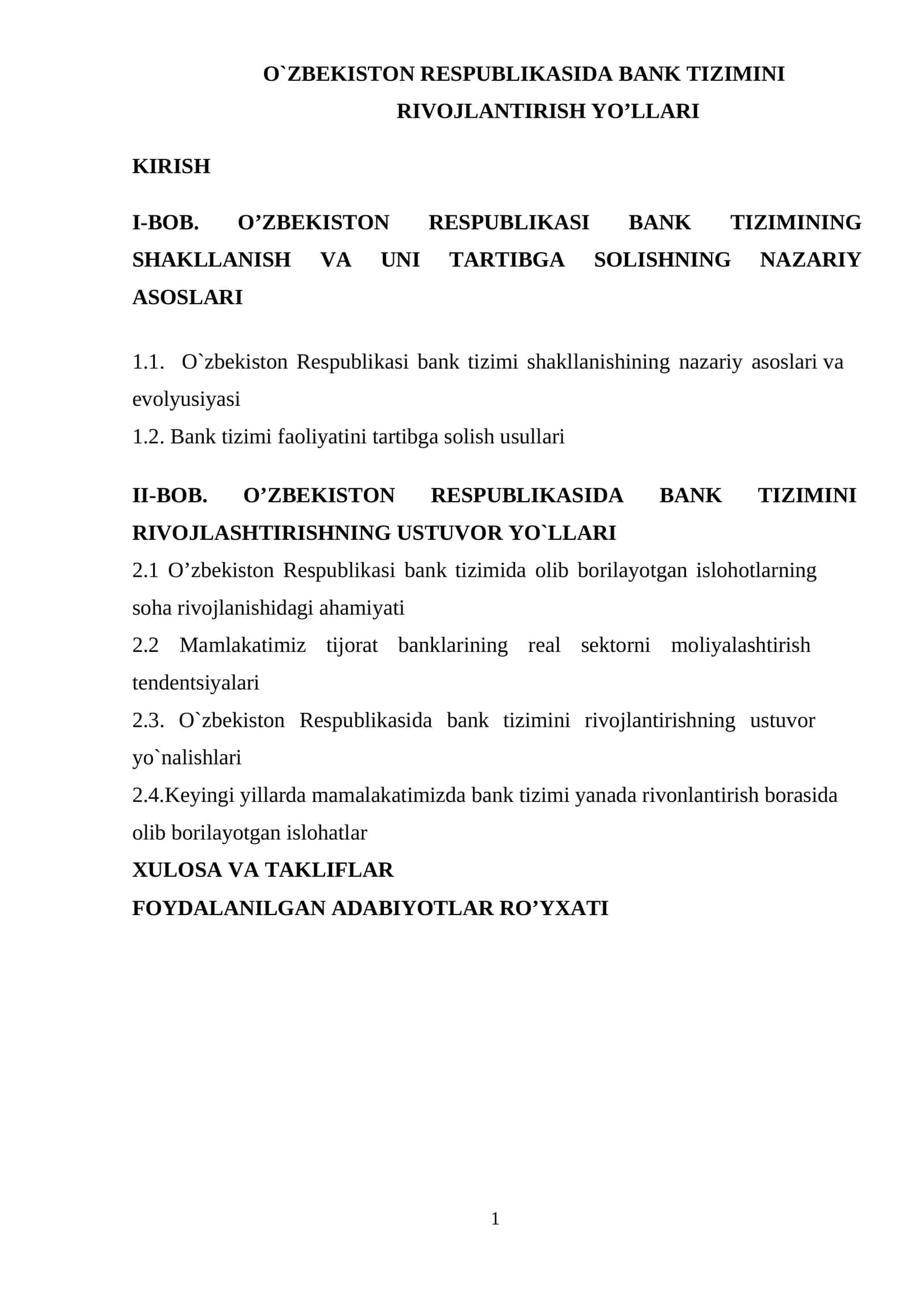O`ZBEKISTON RESPUBLIKASIDA BANK TIZIMINI RIVOJLANTIRISH YO'LLARI 1