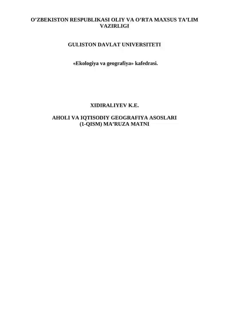 Aholi va iqtisodiy geografiya asoslari (1-qism) ma’ruza matni
