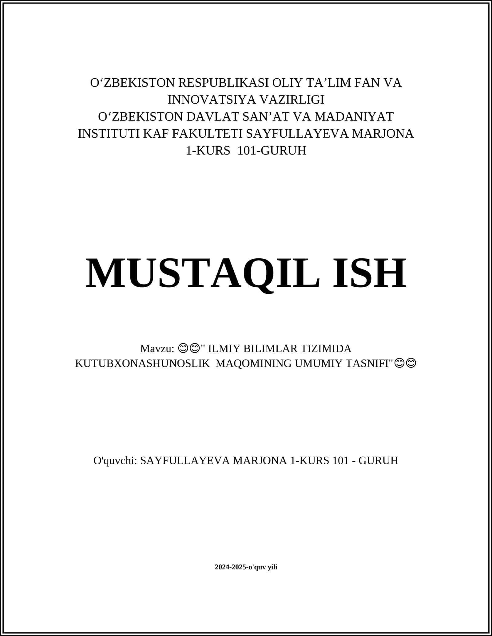 ILMIY BILIMLAR TIZIMIDA KUTUBXONASHUNOSLIK MAQOMINING UMUMIY TASNIFI 1