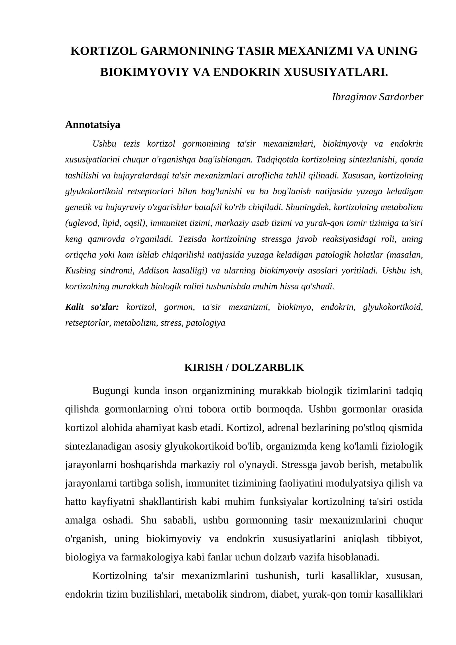 KORTIZOL GARMONINING TASIR MEXANIZMI VA UNING BIOKIMYOVIY VA ENDOKRIN XUSUSIYATLARI 1