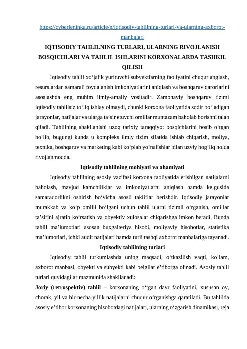 Iqtisodiy tahlilning turlari va ularning axborot manbalari 1