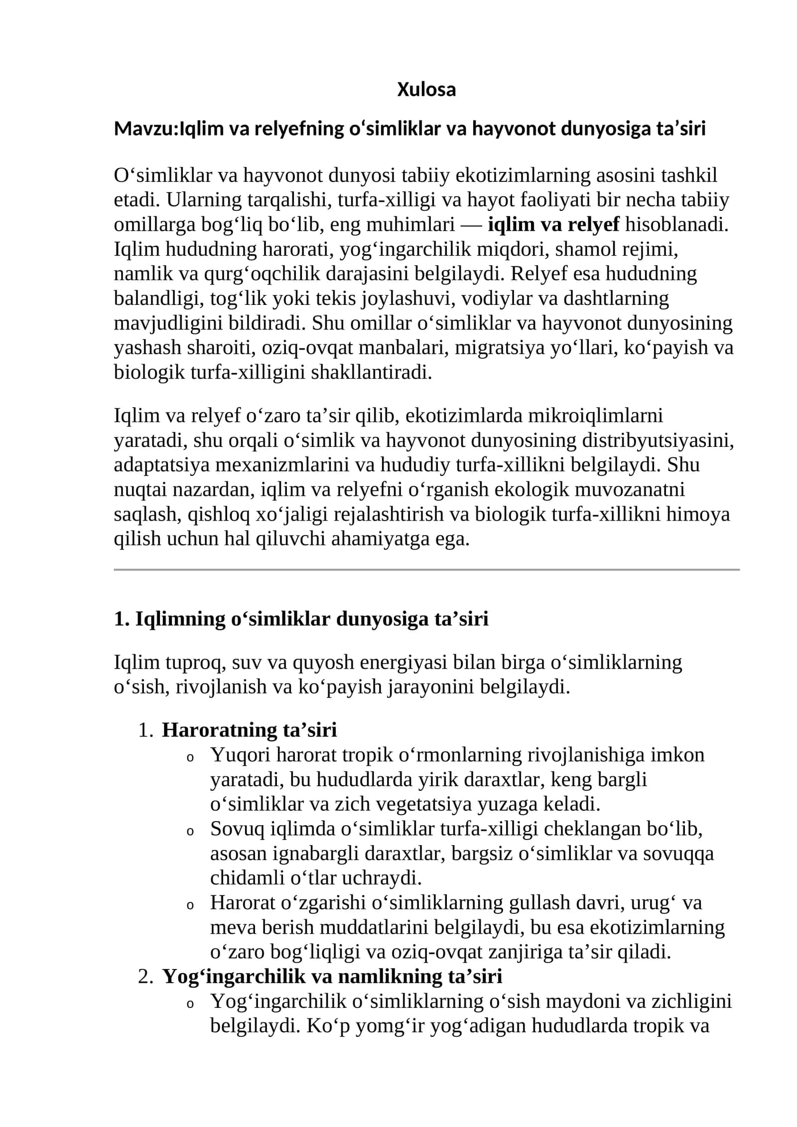 Iqlim va relyefning o‘simliklar va hayvonot dunyosiga ta’siri 1