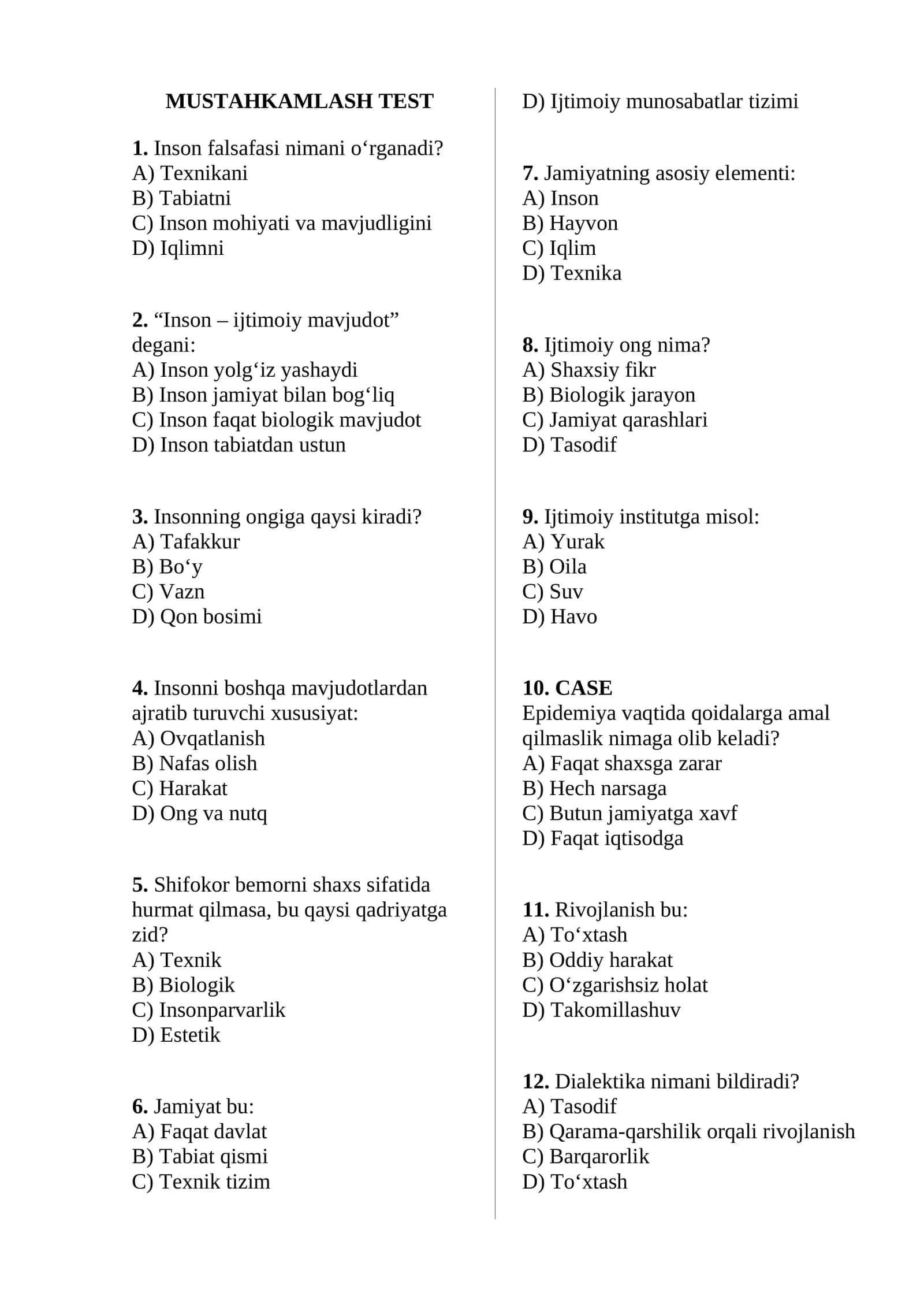 MUSTAHKAMLASH TEST 1