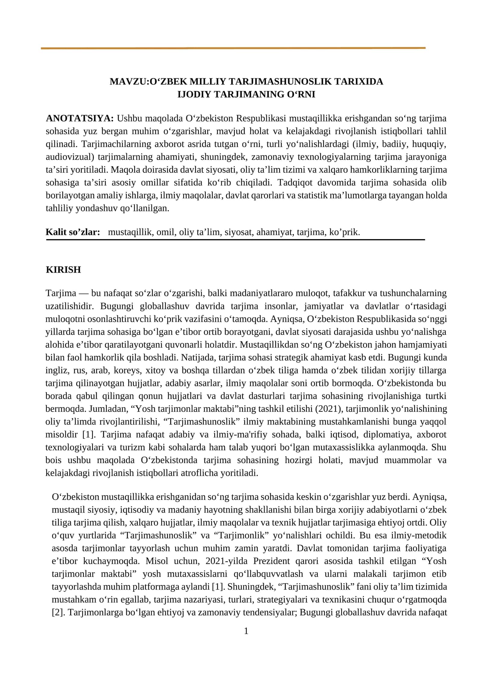 O‘zbek Milliy Tarjimashunoslik Tarixida Ijodiy Tarjimaning O‘rni 1