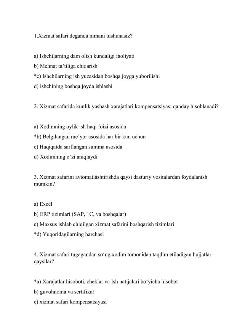 Xizmat safarini tashkil etishga oid test 1