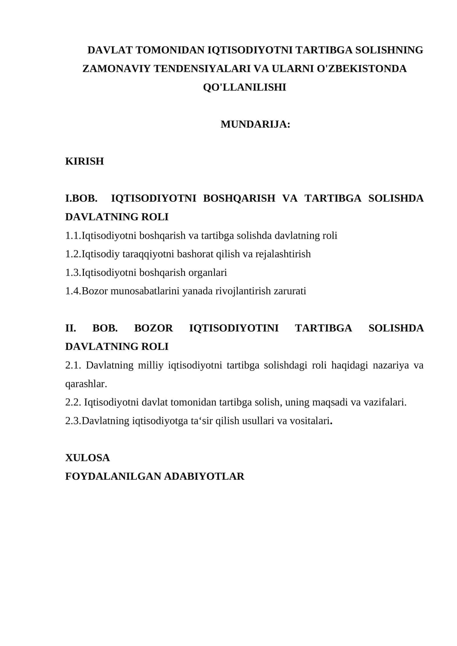davlat tomonidan iqtisodiyotni tartibga solishning zamonaviy tendensiyalari va ularni O'zbekistonda qo'llanilishi 1