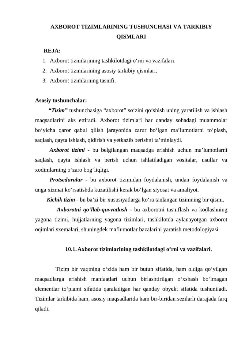Axborot tizimlarining tushunchasi va tarkibiy qismlari 1
