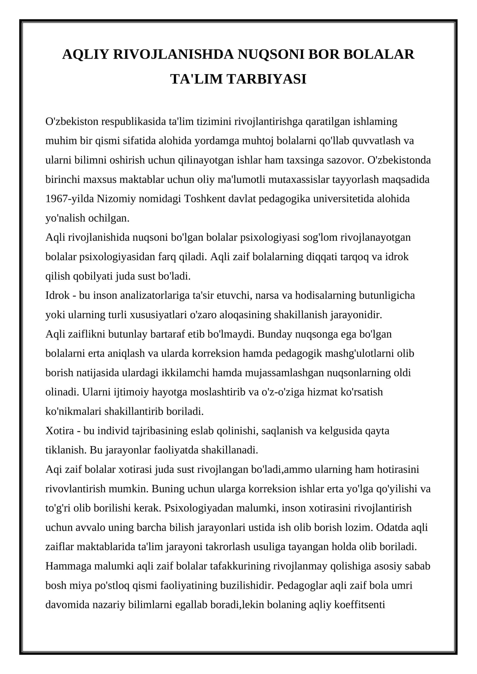 AQLIY RIVOJLANISHDA NUQSONI BOR BOLALAR TA'LIM TARBIYASI 1