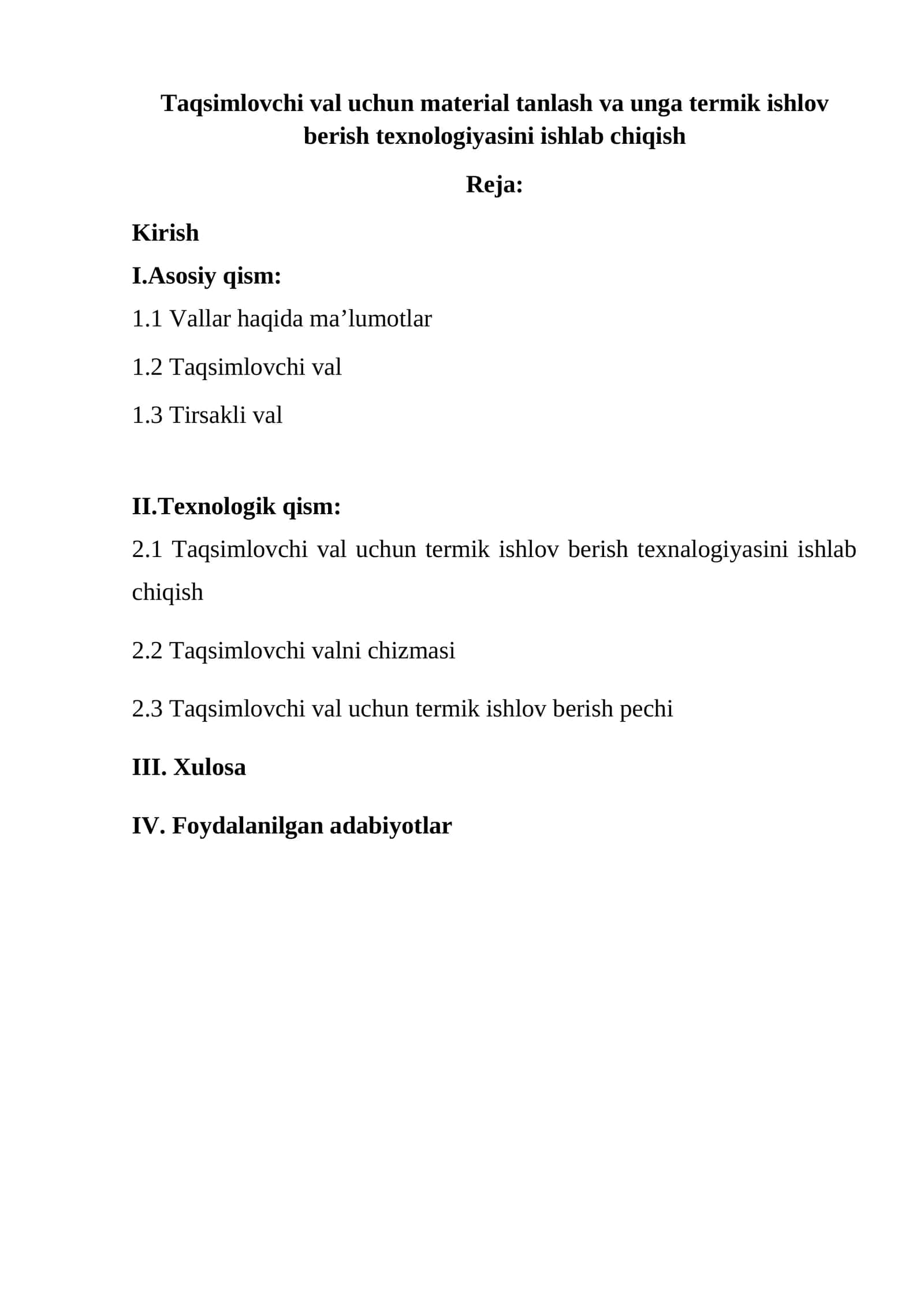 Taqsimlovchi val uchun material tanlash va unga termik ishlov berish texnologiyasi 1