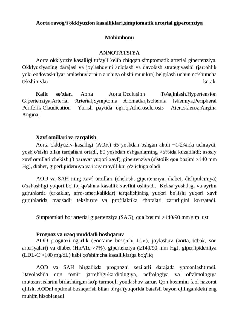Aorta ravogʻi okklyuzion kasalliklari,simptomatik arterial gipertenziya 1