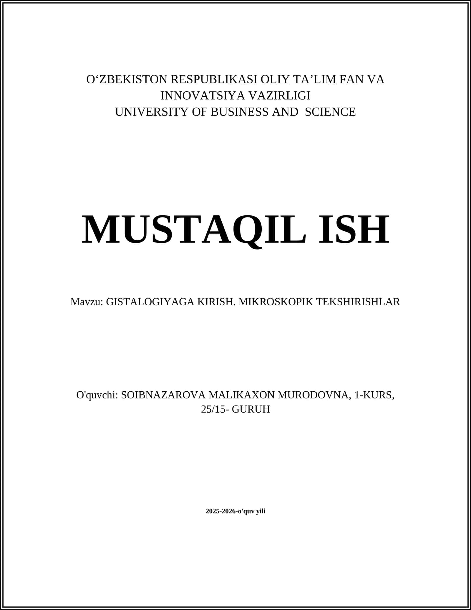 GISTALOGIYAGA KIRISH. MIKROSKOPIK TEKSHIRISHLAR 1