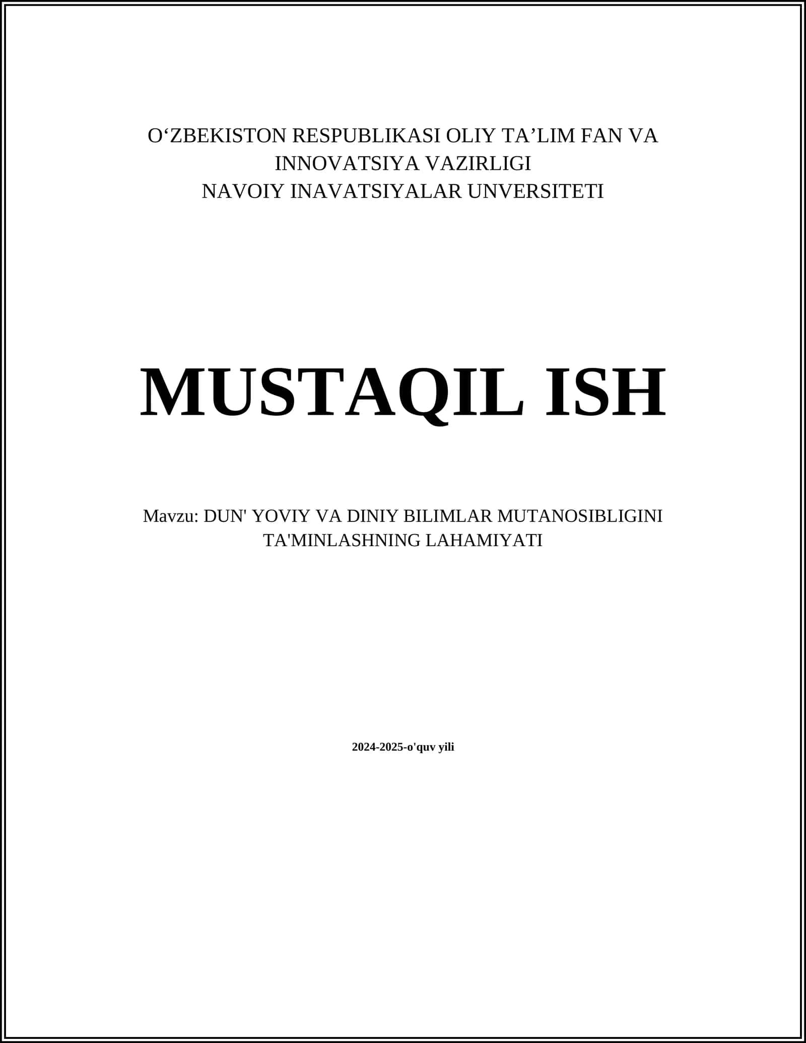 DUN' YOVIY VA DINIY BILIMLAR MUTANOSIBLIGINI TA'MINLASHNING LAHAMIYATI 1