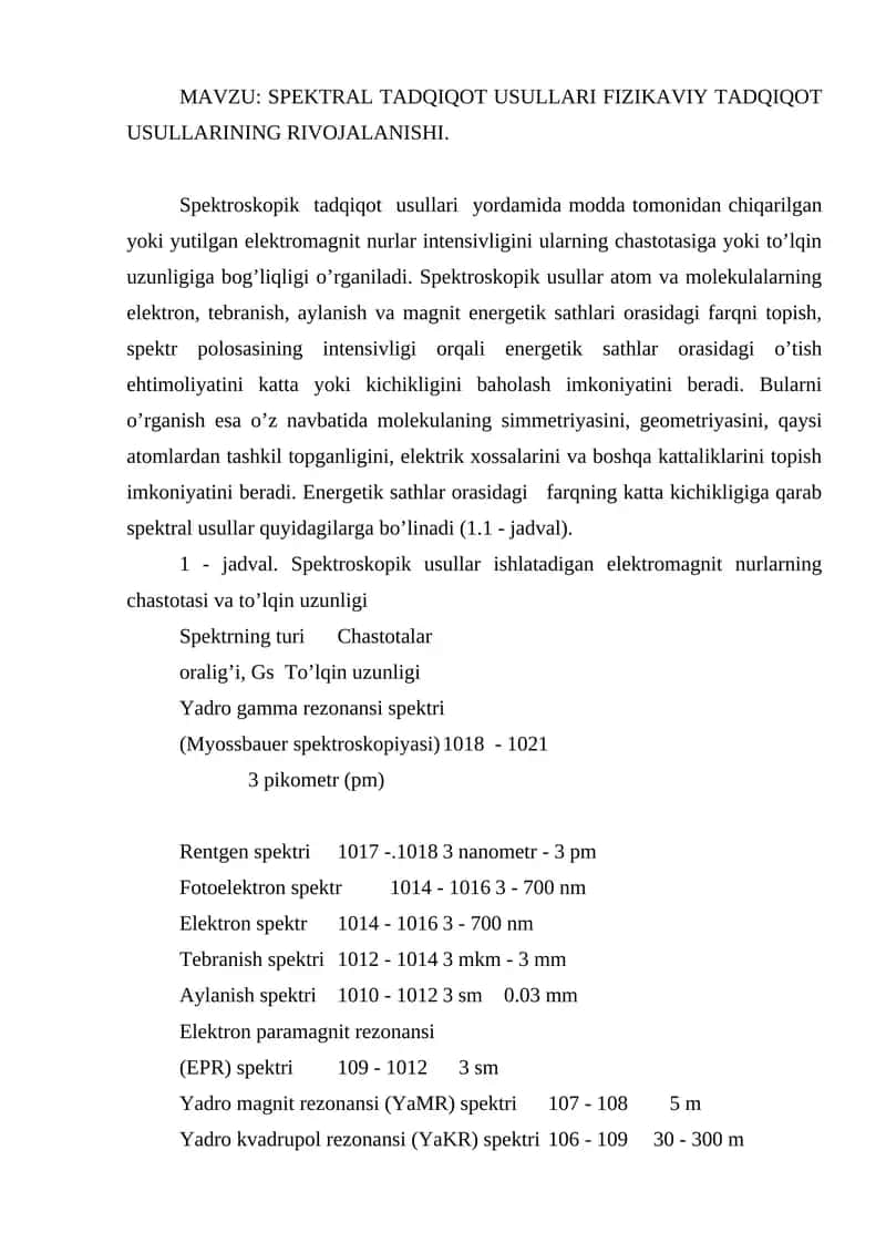 SPEKTRAL TADQIQOT USULLARI FIZIKAVIY TADQIQOT USULLARINING RIVOJALANISHI 1