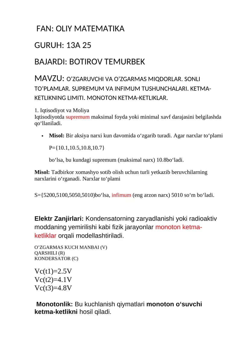 O’zgaruvchi va O’zgarmas Miqdorlar. Sonli To’plamlar. Supremum va Infimum Tushunchalari. Ketma-ketlikning Limiti. 1