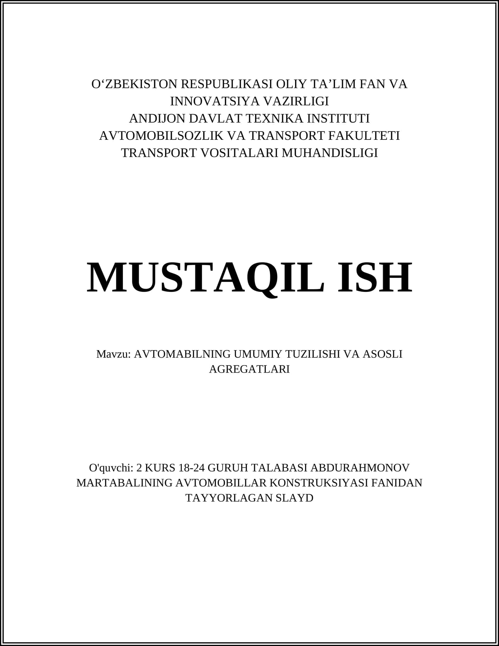 AVTOMABILNING UMUMIY TUZILISHI VA ASOSLI AGREGATLARI 1