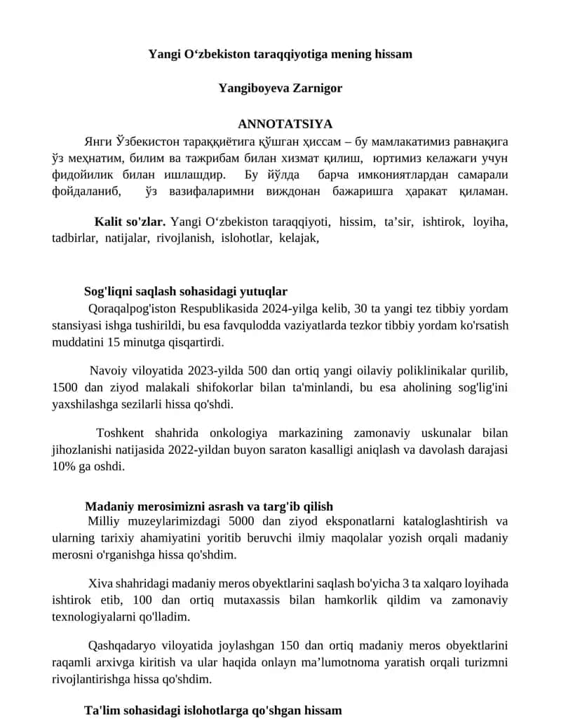 Yangi Oʻzbekiston taraqqiyotiga mening hissam 1