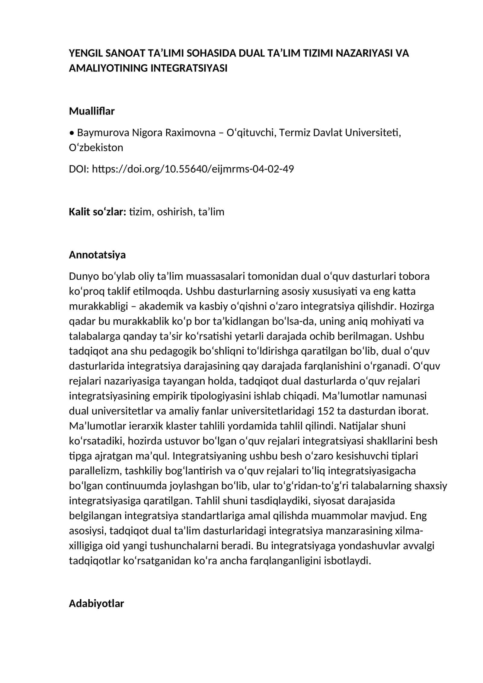 YENGIL SANOAT TA’LIMI SOHASIDA DUAL TA’LIM TIZIMI NAZARIYASI VA AMALIYOTINING INTEGRATSIYASI 1