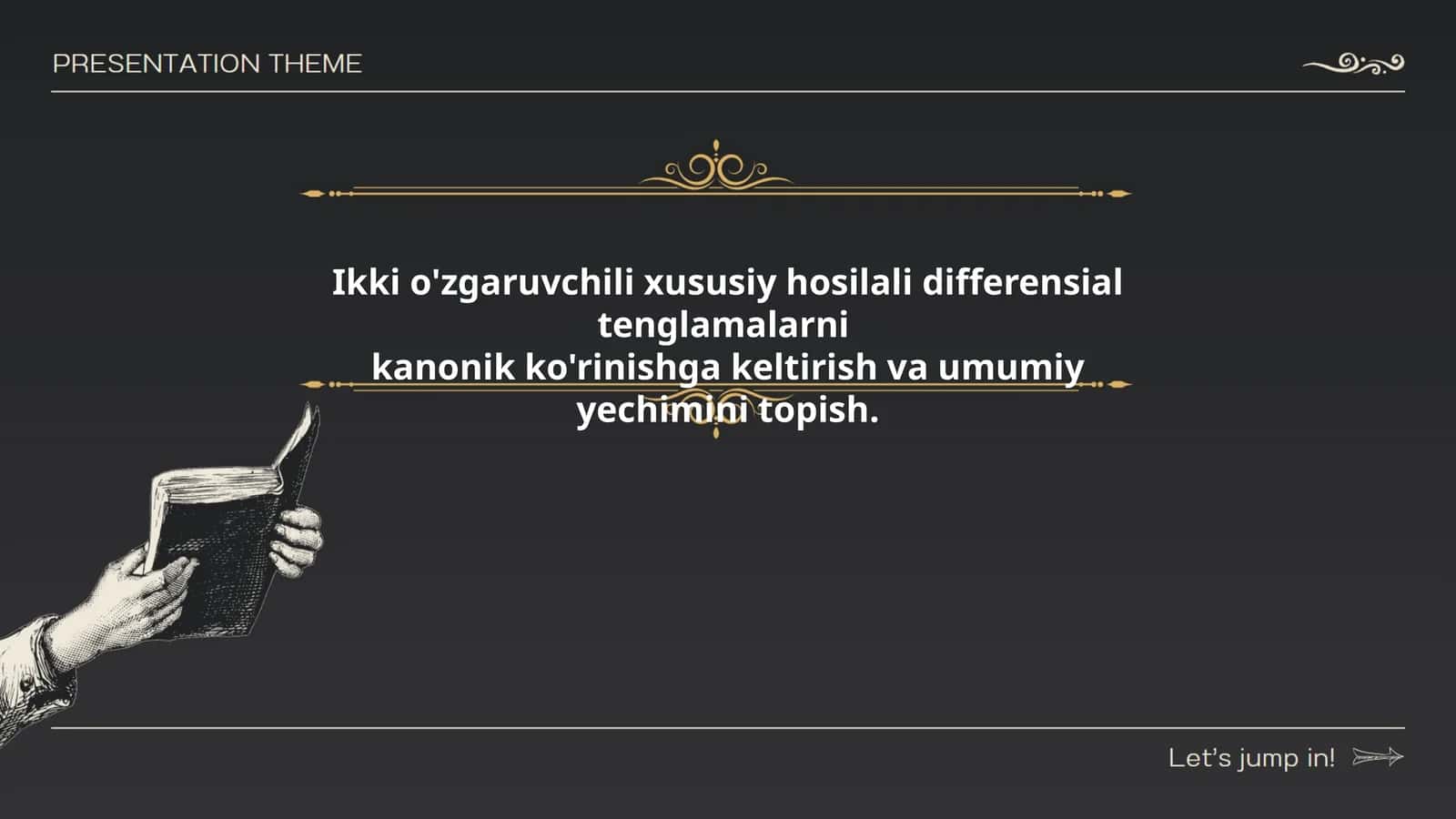Ikki o'zgaruvchili xususiy hosilali differensial tenglamalarni kanonik ko'rinishga keltirish va umumiy yechimini topish 1