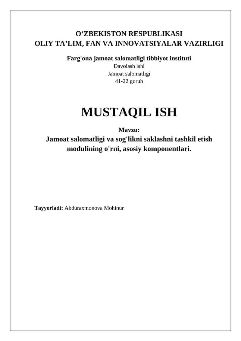 Jamoat salomatligi va sog'likni saklashni tashkil etish moduli 1