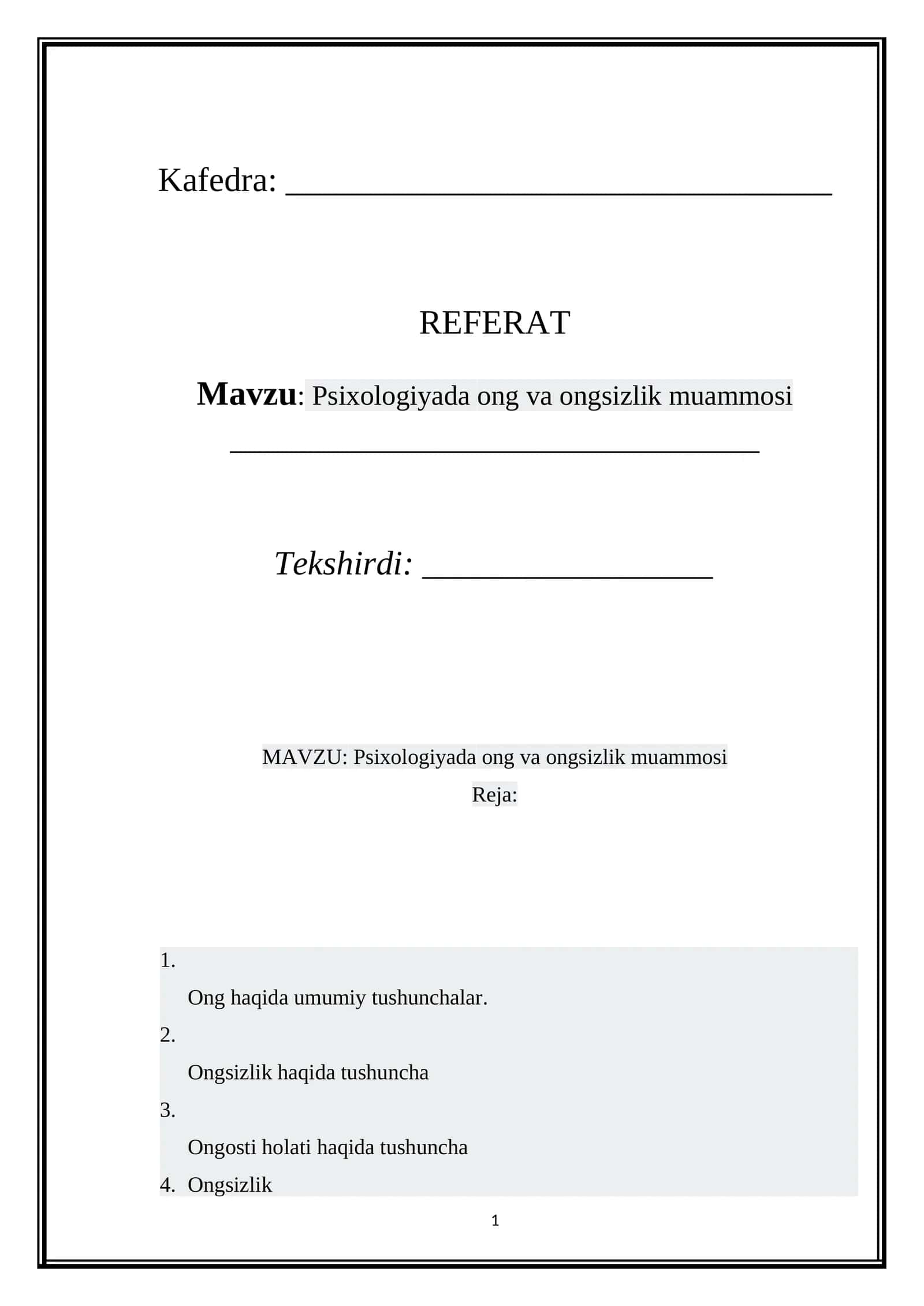 Psixologiyada ong va ongsizlik muammosi 1