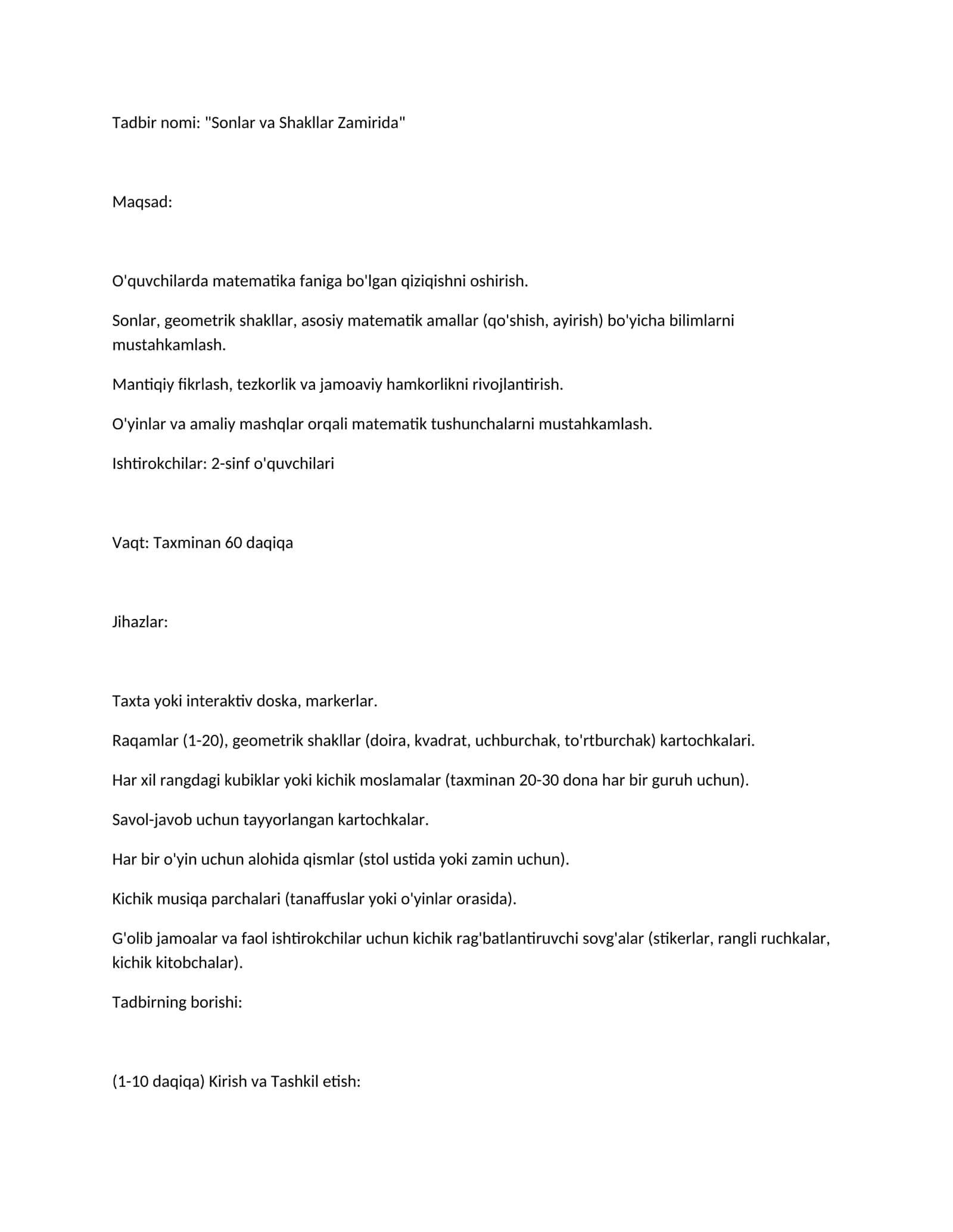Matematika tadbir ssenariysi " sanlar va shaklllar zamirida 1