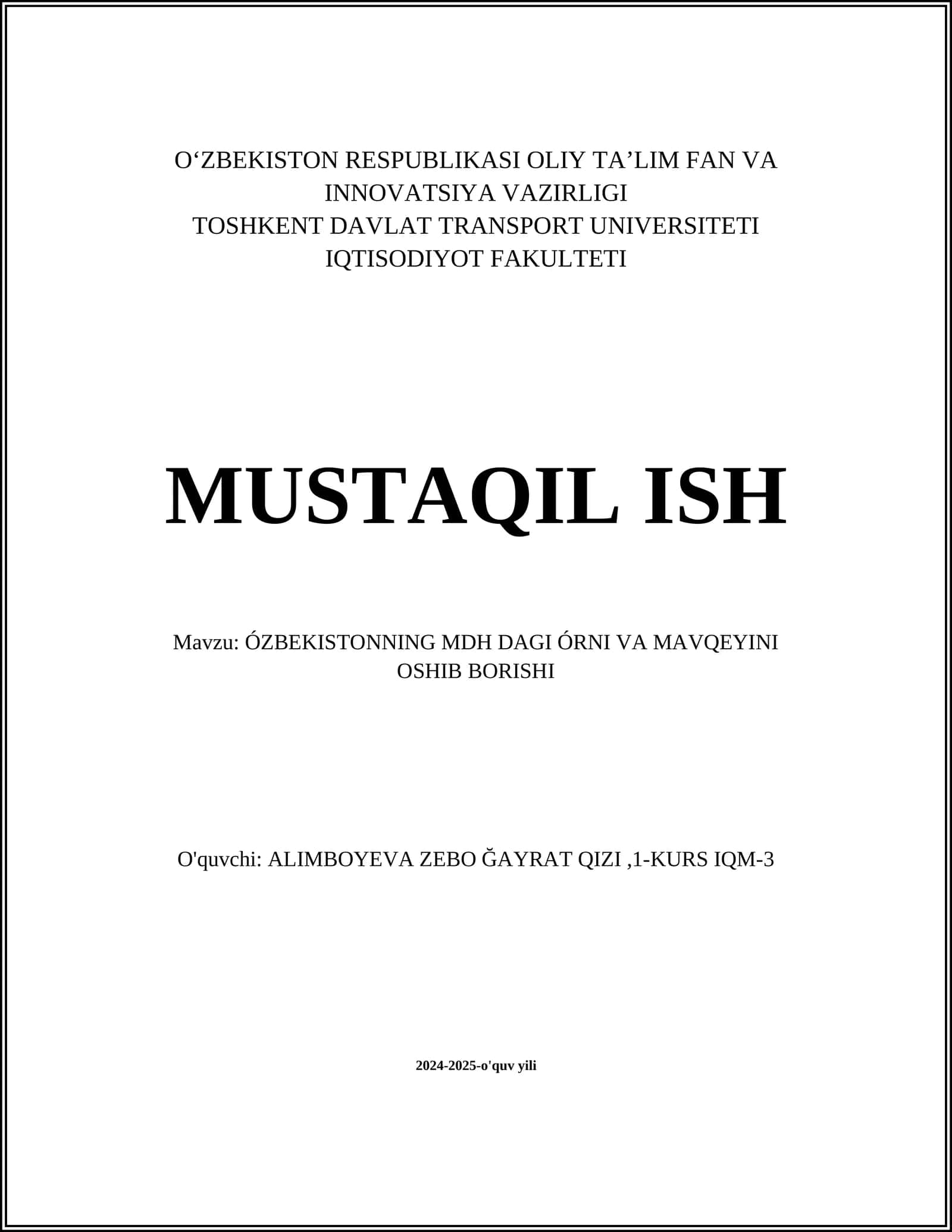 ÖZBEKISTONNING MDH DAGI ÖRNI VA MAVQEYINI OSHIB BORISHI 1