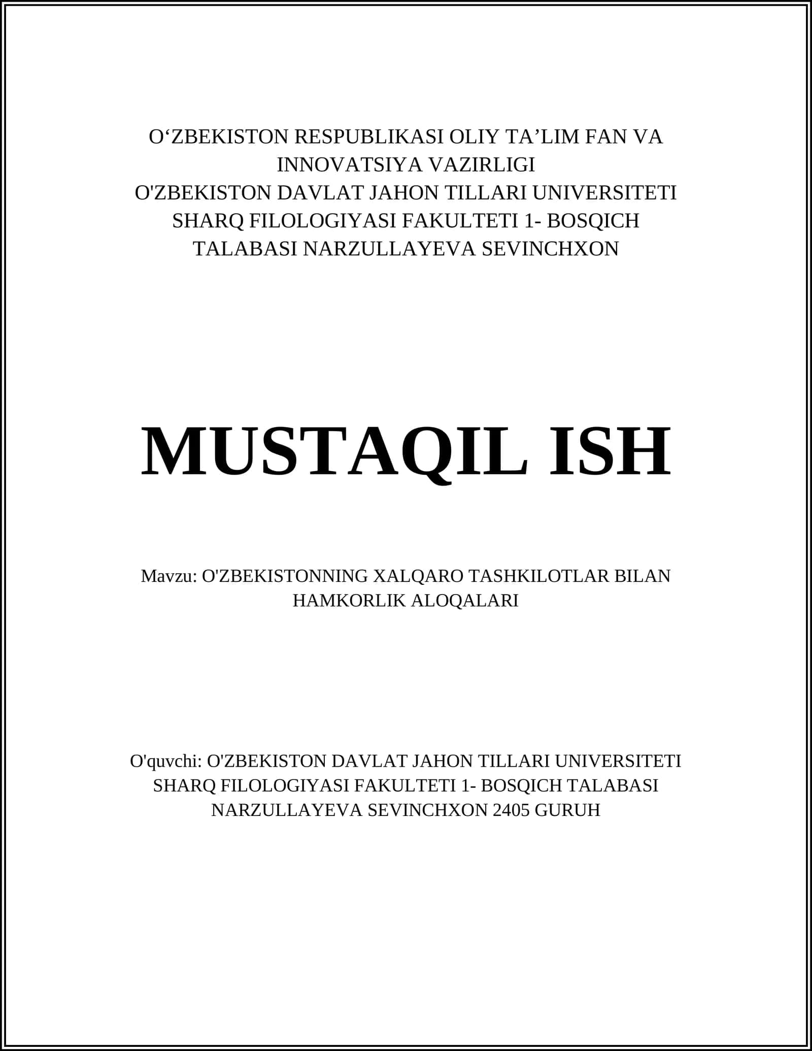 O'zbekistonning Xalqaro Tashkilotlar Bilan Hamkorlik Aloqalari 1