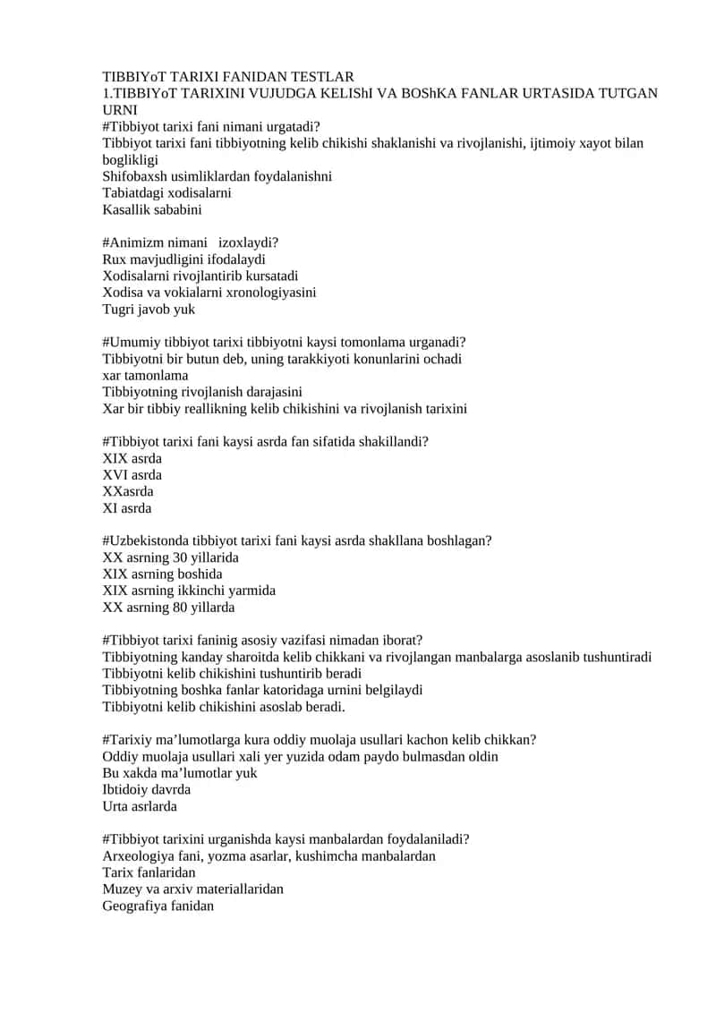Tibbiyot tarixi fani testlar 1