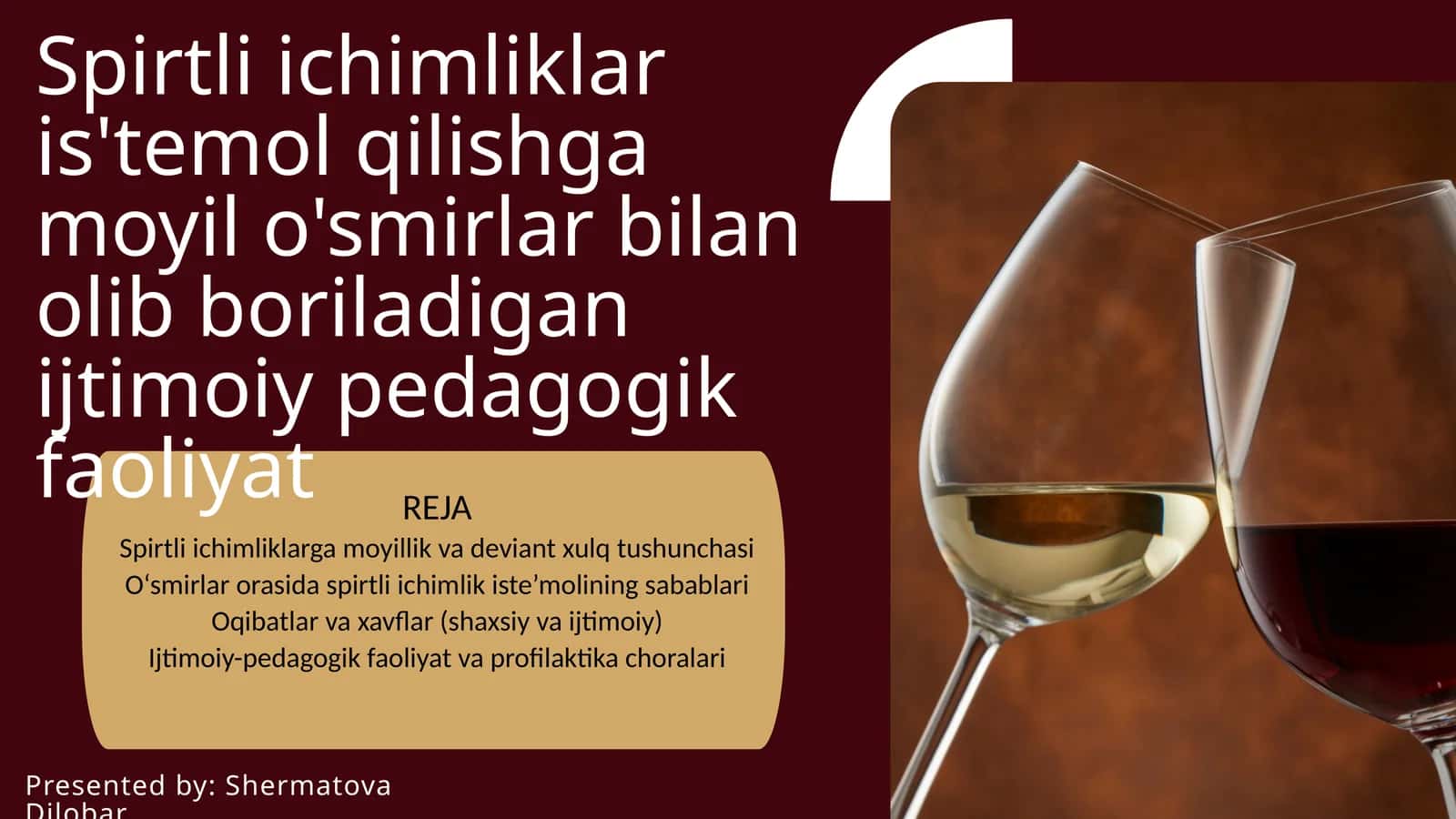Spirtli ichimliklar is'temol qilishga moyil o'smirlar bilan olib boriladigan ijtimoiy pedagogik faoliyat. 1
