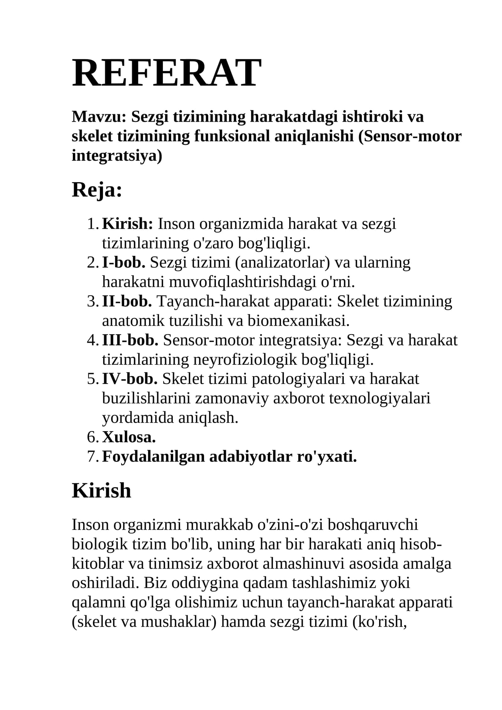 Sezgi tizimining harakatdagi ishtiroki va skelet tizimining funksional aniqlanishi (Sensor-motor integratsiya) 1
