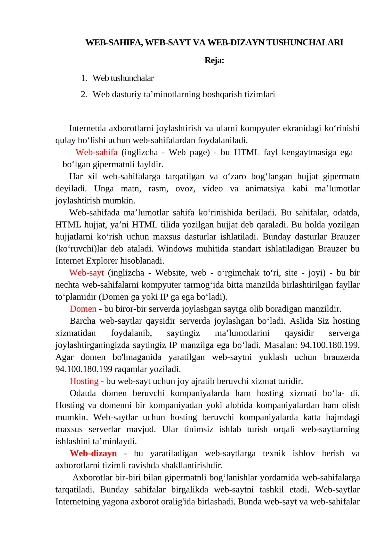 WEB-SAHIFA, WEB-SAYT VA WEB-DIZAYN TUSHUNCHALARI 1
