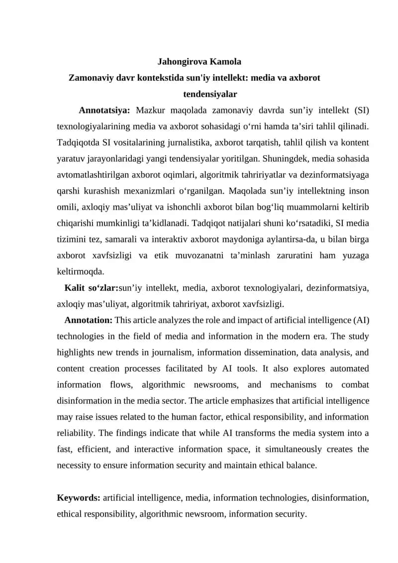 Zamonaviy davr kontekstida sun'iy intellekt: media va axborot tendensiyalar 1