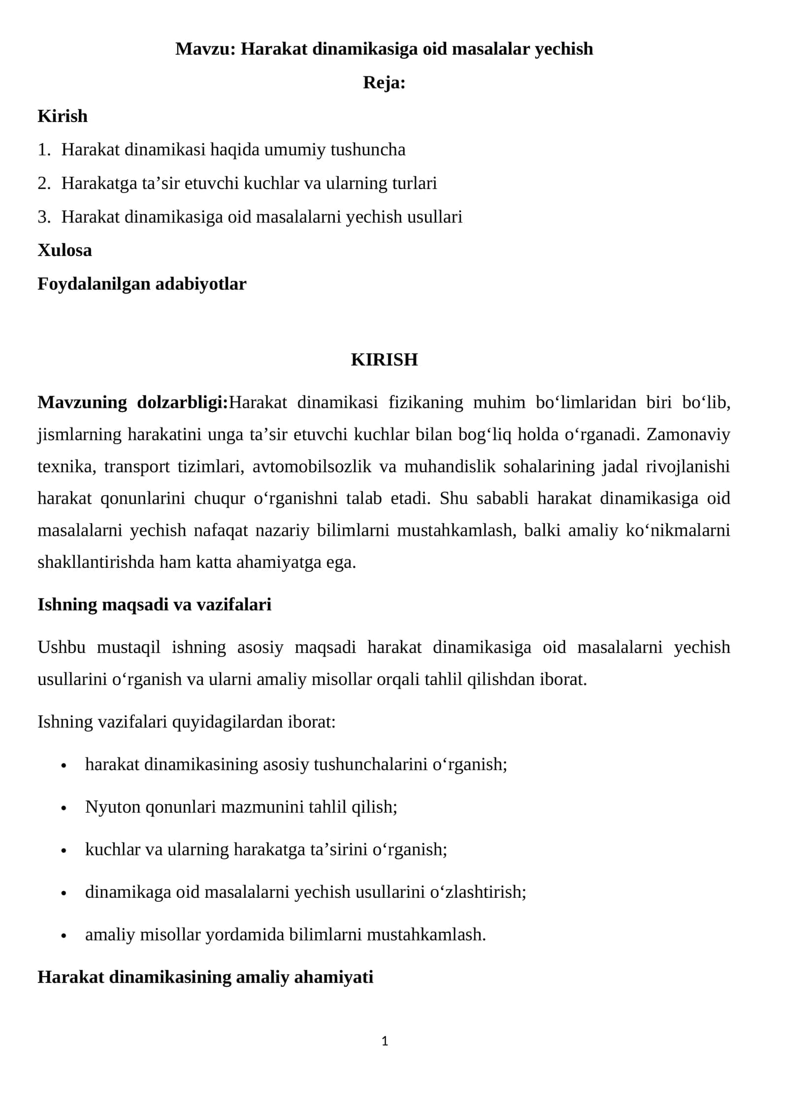 Harakat dinamikasiga oid masalalar yechish 1