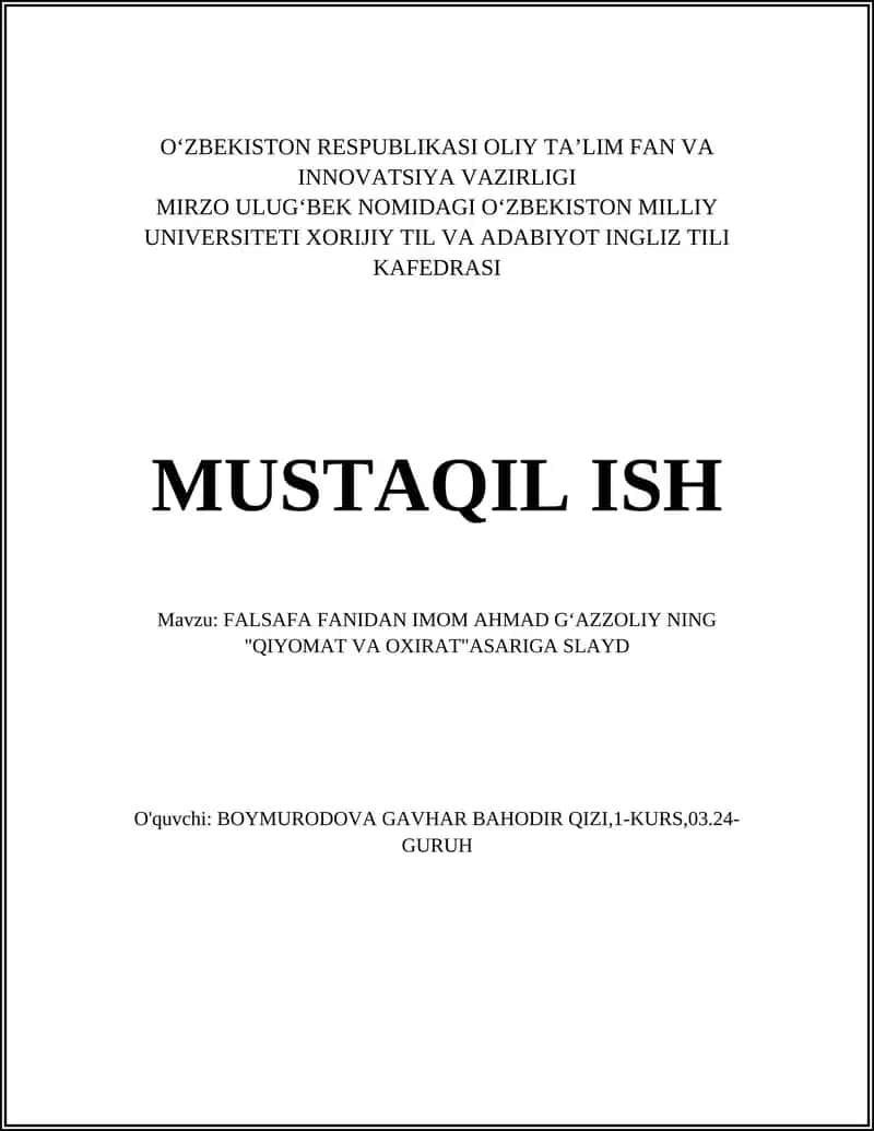 FALSAFA FANIDAN IMOM AHMAD GʻAZZOLIY NING "QIYOMAT VA OXIRAT"ASARIGA SLAYD 1
