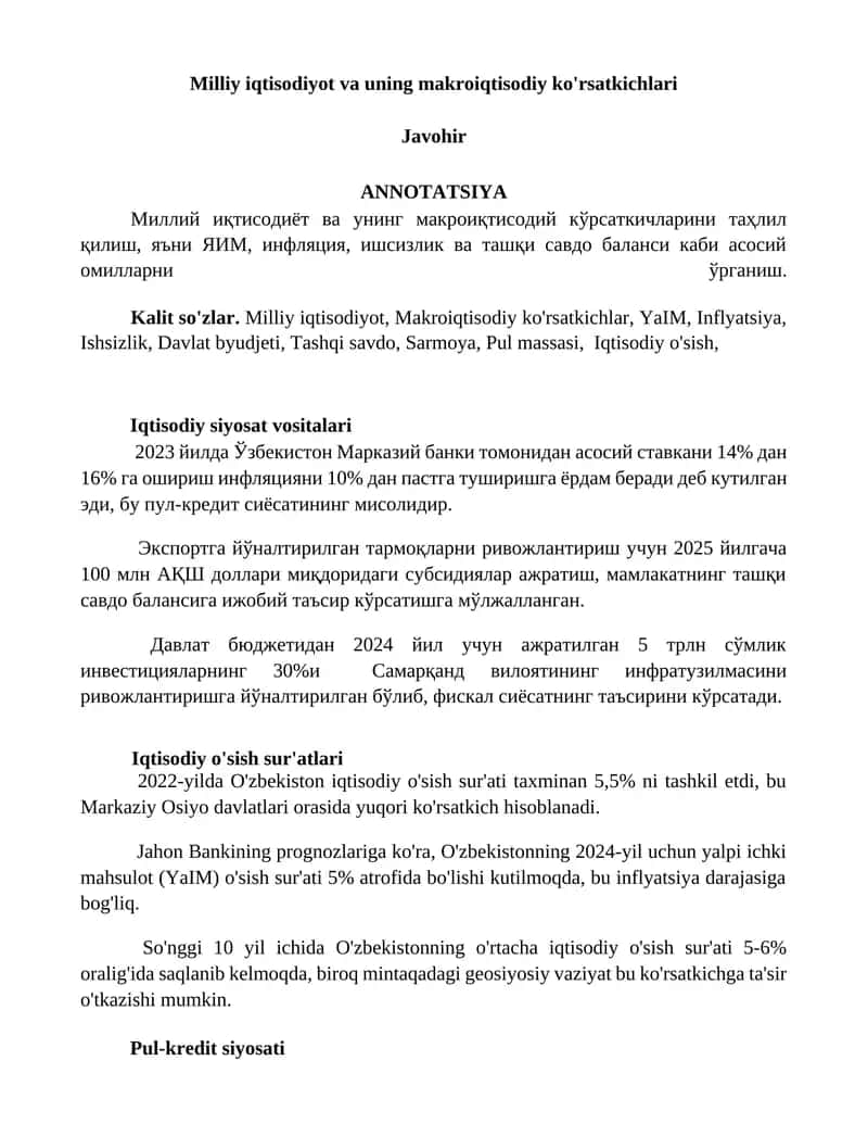 Milliy iqtisodiyot va uning makroiqtisodiy ko'rsatkichlari 1